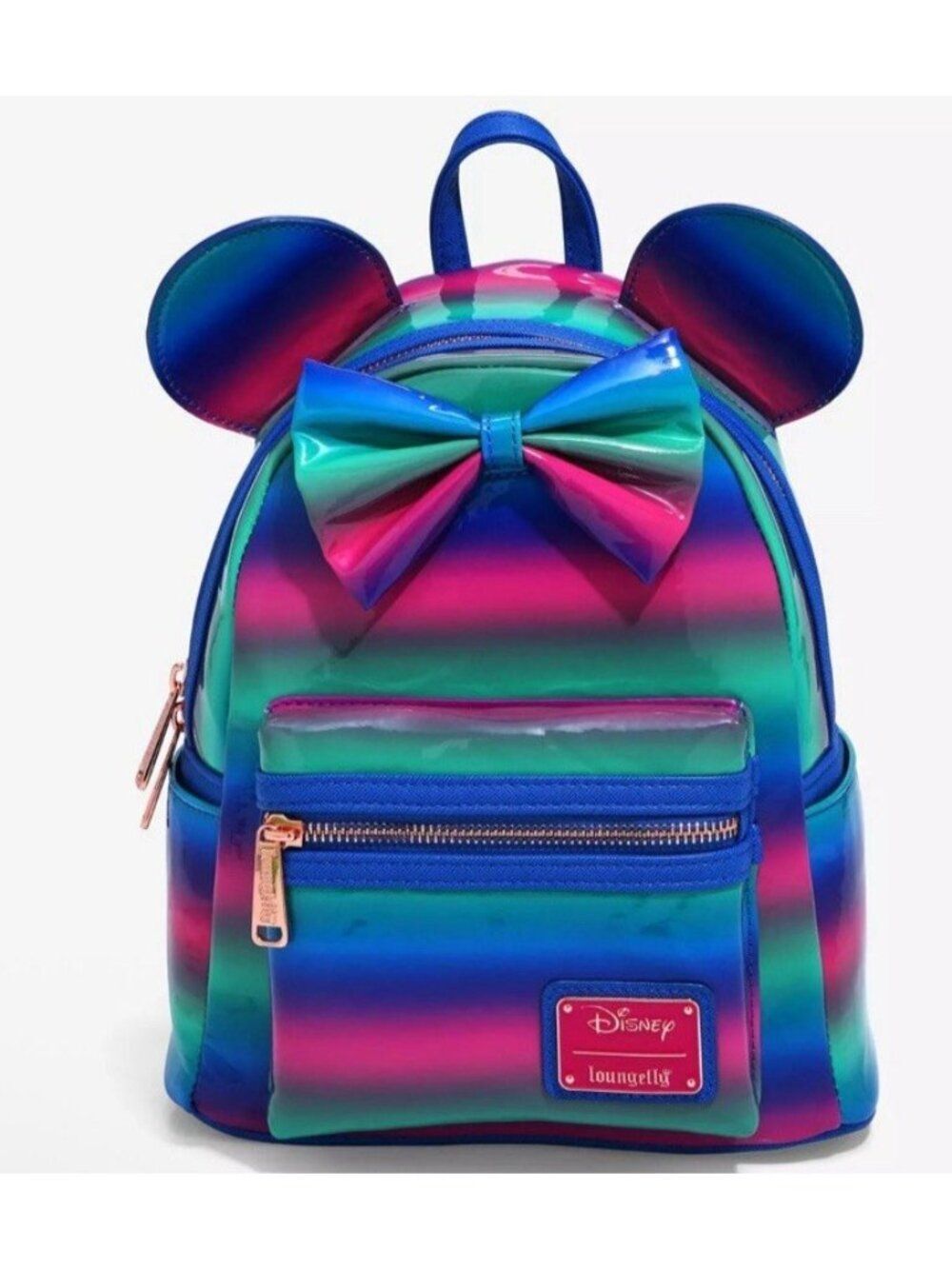 Loungefly Minnie Mouse Bow Ombre Striped Patent Leather Slick Pink Blue NWT